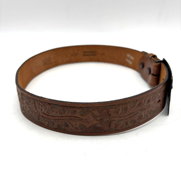 Vintage 70s Lyntone 2357 Brown Acorn Tooled TEXAS Solid Brass Buckle Belt 26-29\